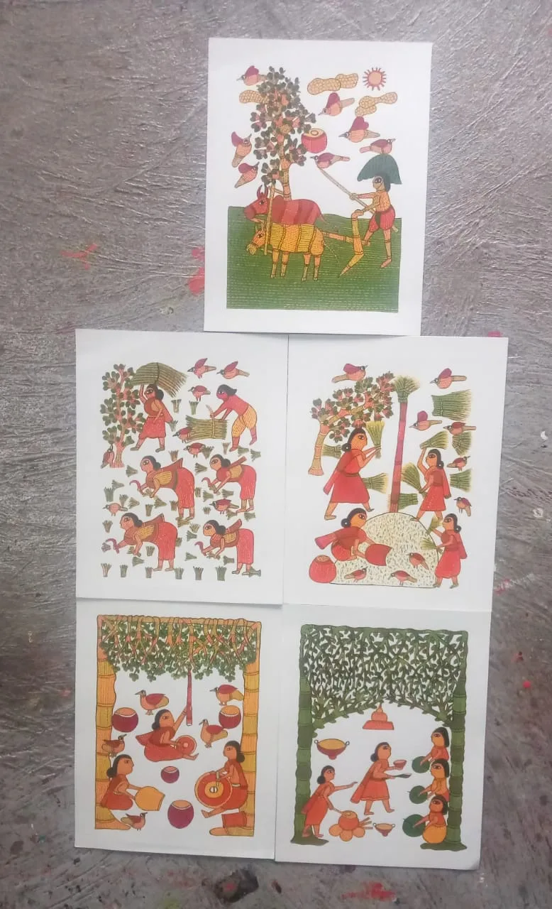 Taru Naturals - Multiple Gond art paintings depicting farmers, agricultural activities, and rural life with vibrant colors