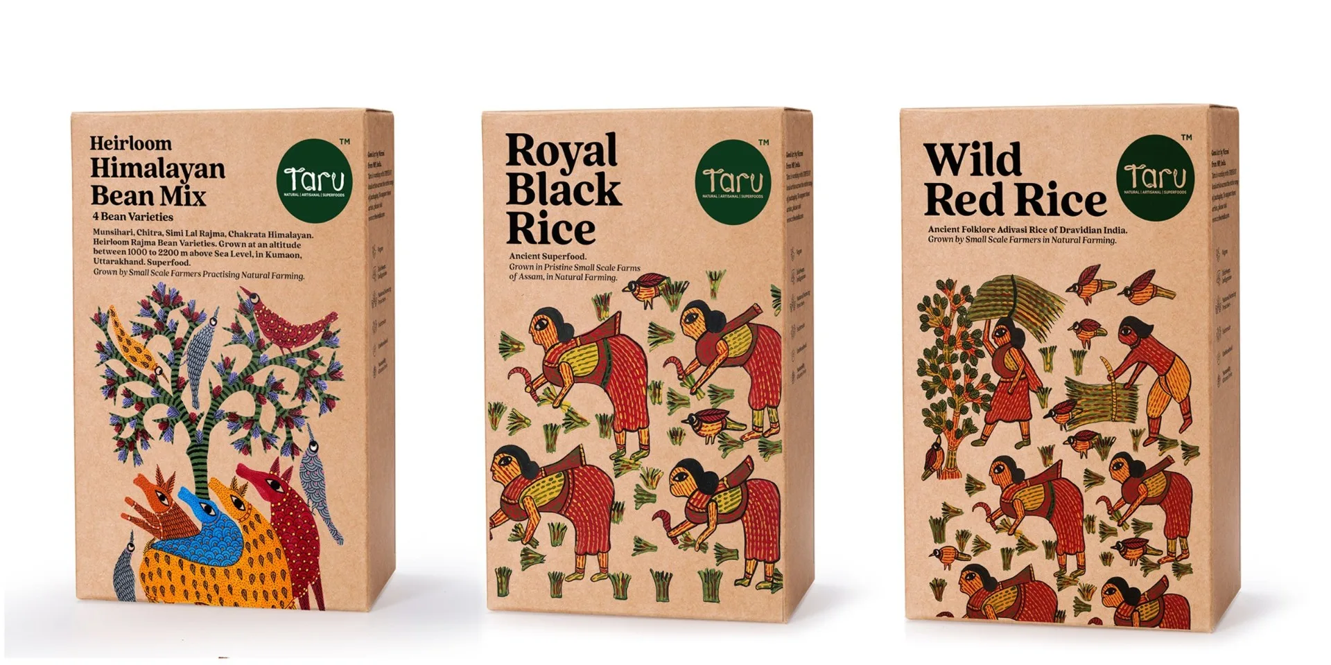 TARU NATURALS — Taru Naturals is a grassroots collective of 10,000+ small-scale farmers across India. The new packaging identity celebrates community, craft, and sustainability, showcasing tribal art while reflecting the brand's fair-trade ethos. — project by Switch & Roy Studio