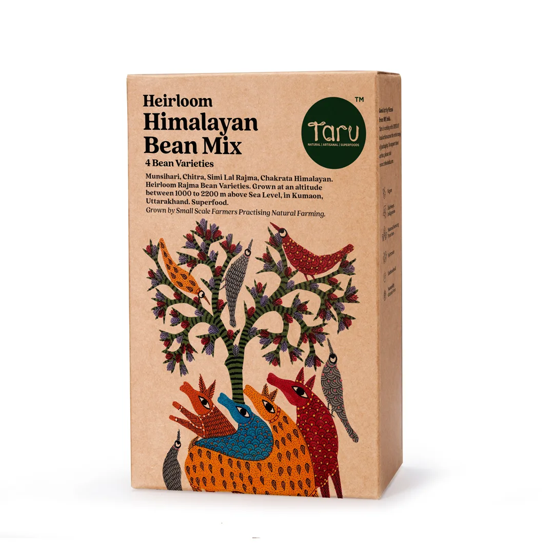Taru Naturals - Heirloom Himalayan Bean Mix with tribal art of colorful birds and bean plants from Uttarakhand