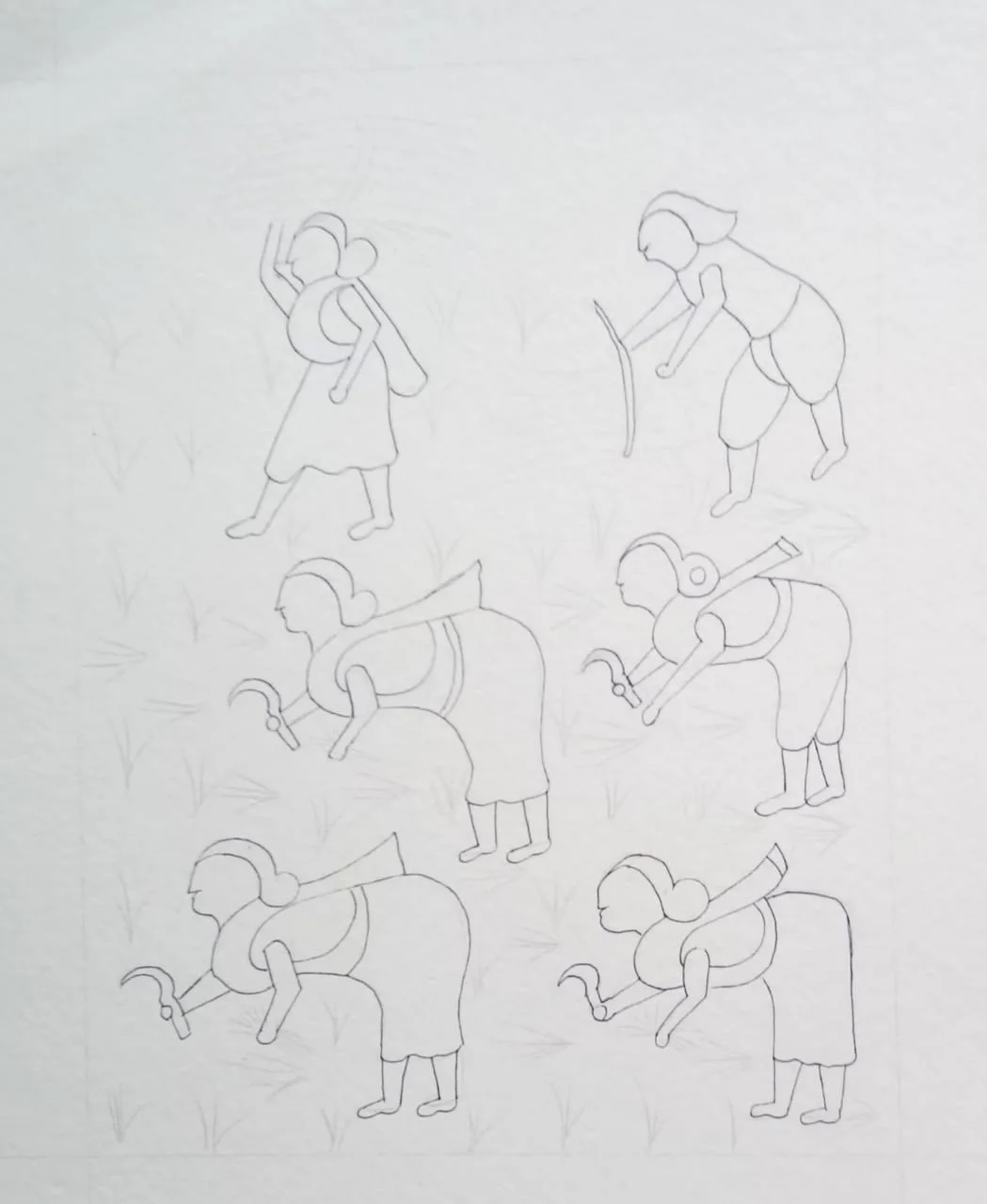 Taru Naturals - Pencil sketches showing the design development process of farmer figures and agricultural motifs