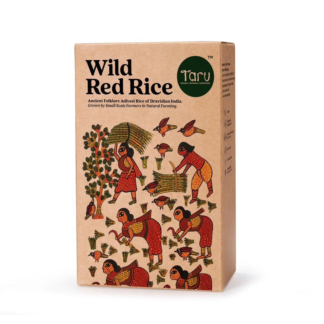 Taru Naturals - Wild Red Rice packaging featuring Gond art of farmers harvesting rice with traditional tools and birds