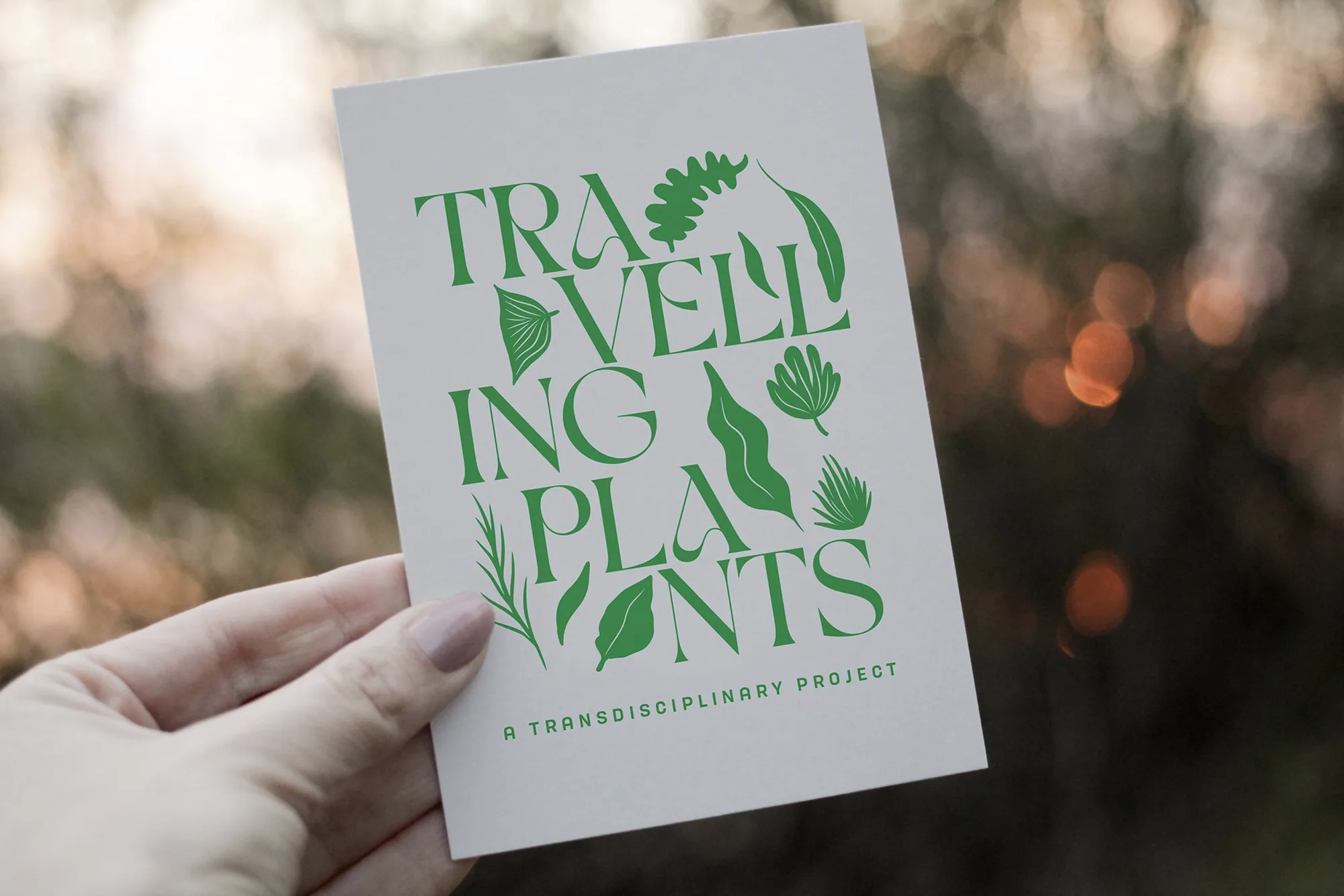 Hand holding Travelling Plants project card featuring botanical typography design and transdisciplinary project branding