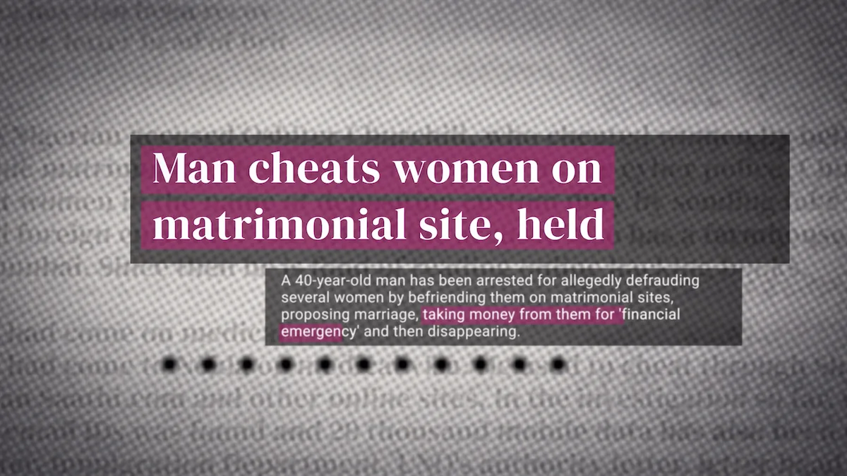 Wedding.con documentary graphic - News headline about matrimonial fraud and arrests